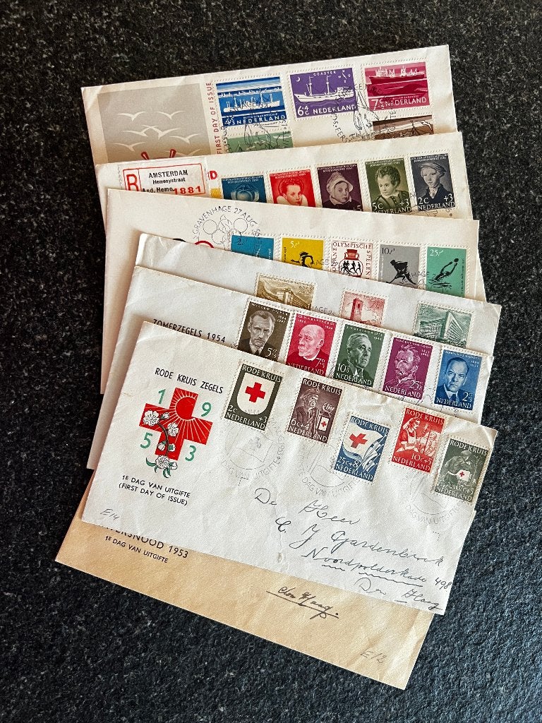7  FDC’s uit 1953-1956: E12,E14,E16,E21,E26,E28,E29, Ophalen of Verzenden, Beschreven, Nederland