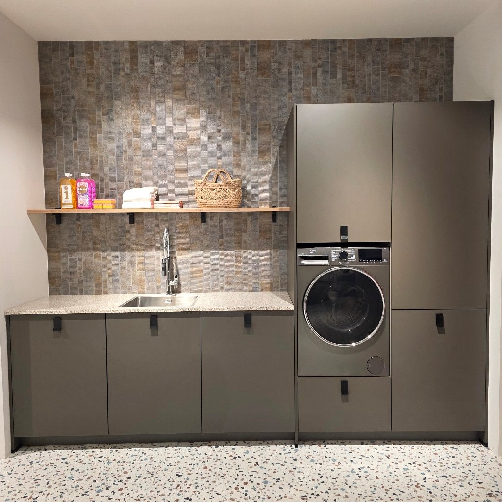 Luxe vulkaan grijs bijkeuken showroomkeuken met 35% KORTING, Ophalen, Nieuw, Enkelwandige keuken, Composiet