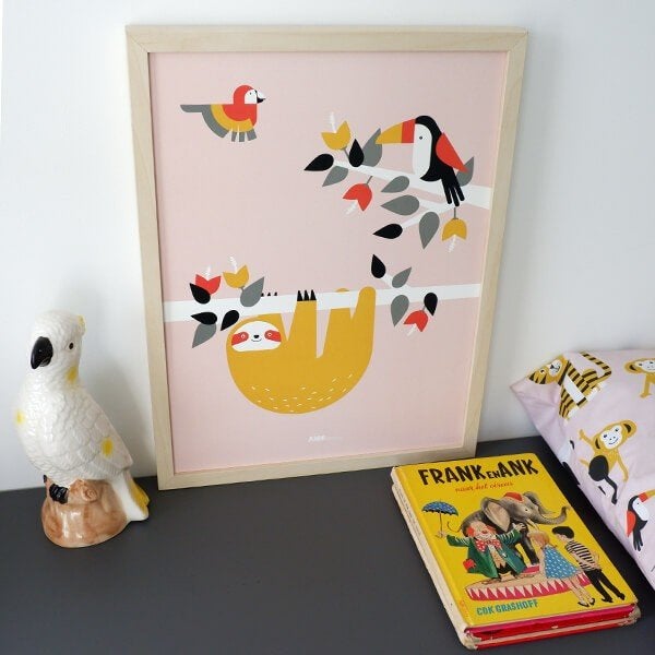 Poster Jungle Luiaard en Toekan Roze A3 ANNIdesign, Verzamelen, Rechthoekig Staand, Nieuw, Ophalen of Verzenden, A1 t/m A3