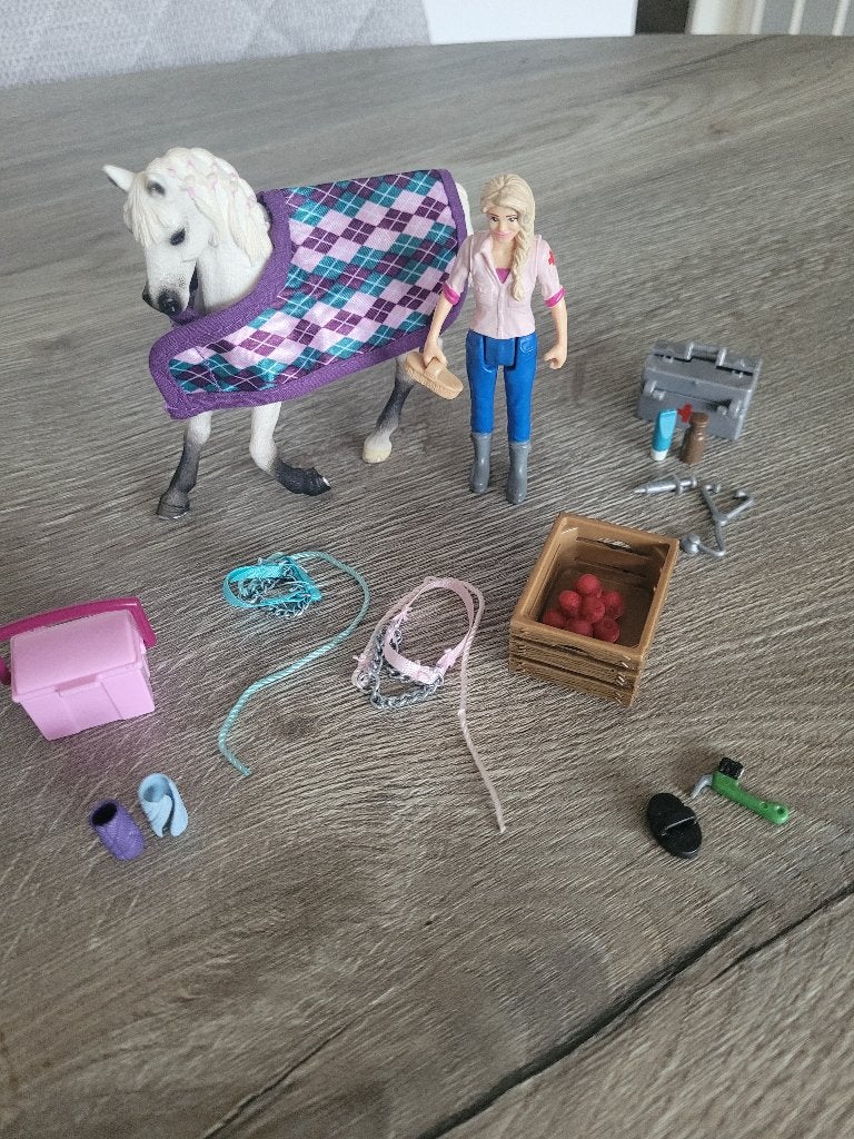 Schleich paard met deken + verzorger en accessoires, Verzamelen, Speelgoed, Ophalen of Verzenden, Zo goed als nieuw