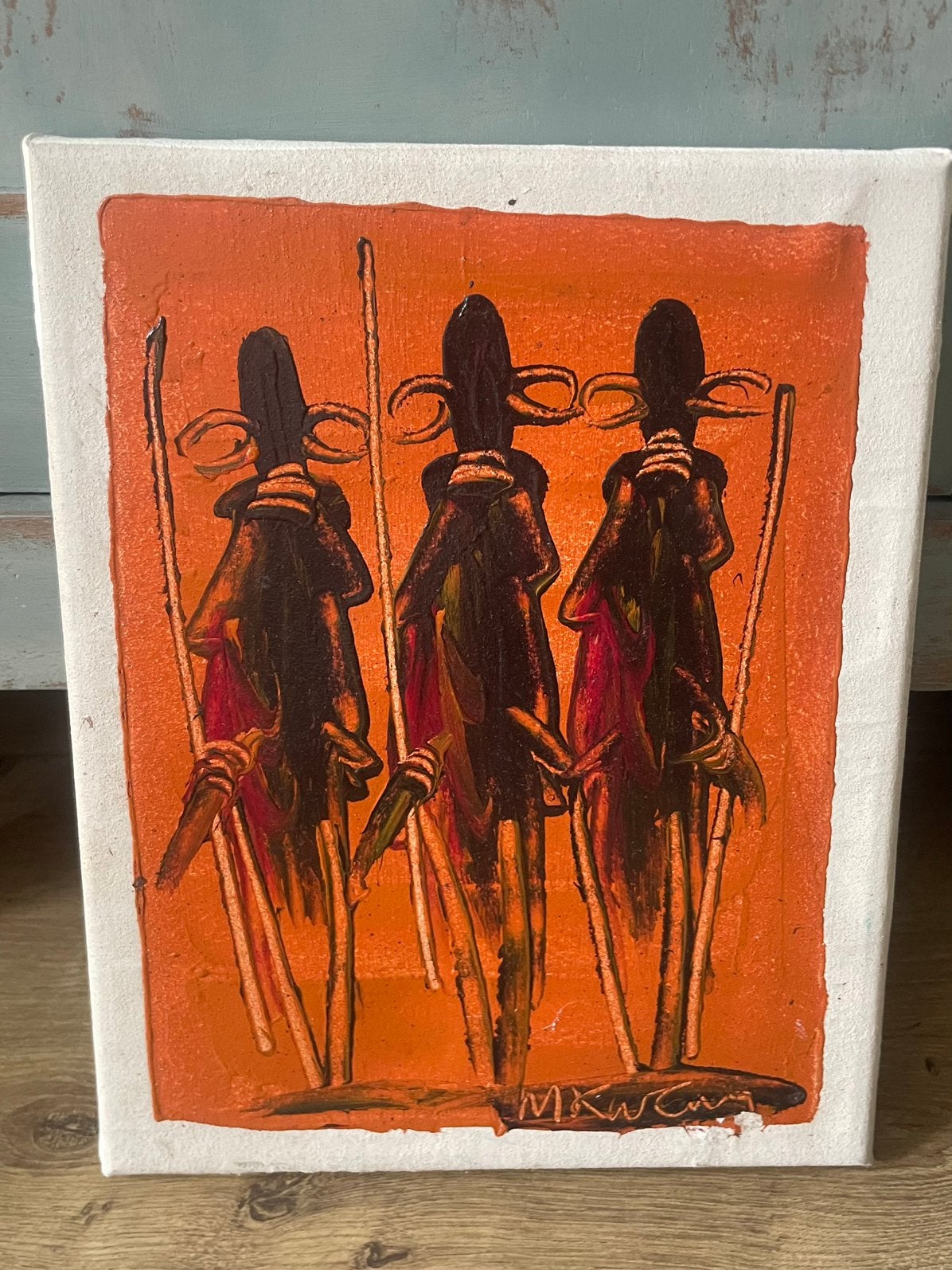Prachtig schilderij M. Kwena Kenia Maasai krijgers, Ophalen of Verzenden