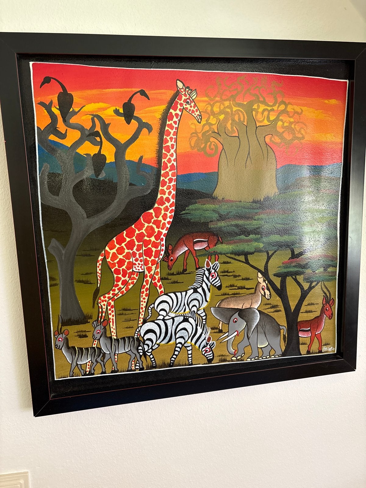 Tinga Tinga Schilderij 'Afrikaanse Dieren' gesigneerd Hatibu, Ophalen