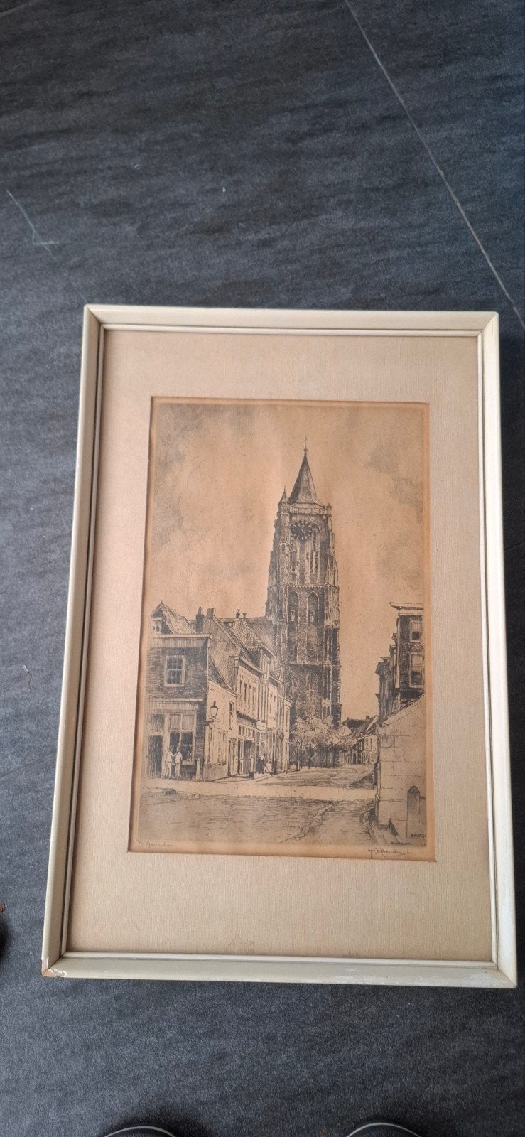 Ets Hendrikus Roodenburg Gorinchem, gezicht (1895-1987), Ophalen, Ingelijst, Ets, Stadsgezicht