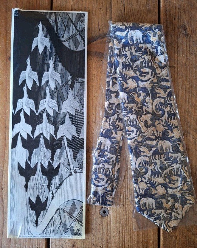 M.C. Escher zijden stropdas met dierenpatroon, Nieuw, Met patroon, M.C. Escher, Meerkleurig
