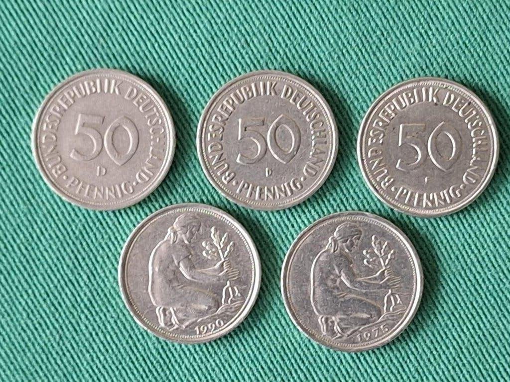 5 munten Duitsland/BRD 50 pfennig 1969-1990, Postzegels en Munten, Munten | Europa | Niet-Euromunten, Ophalen of Verzenden, Duitsland