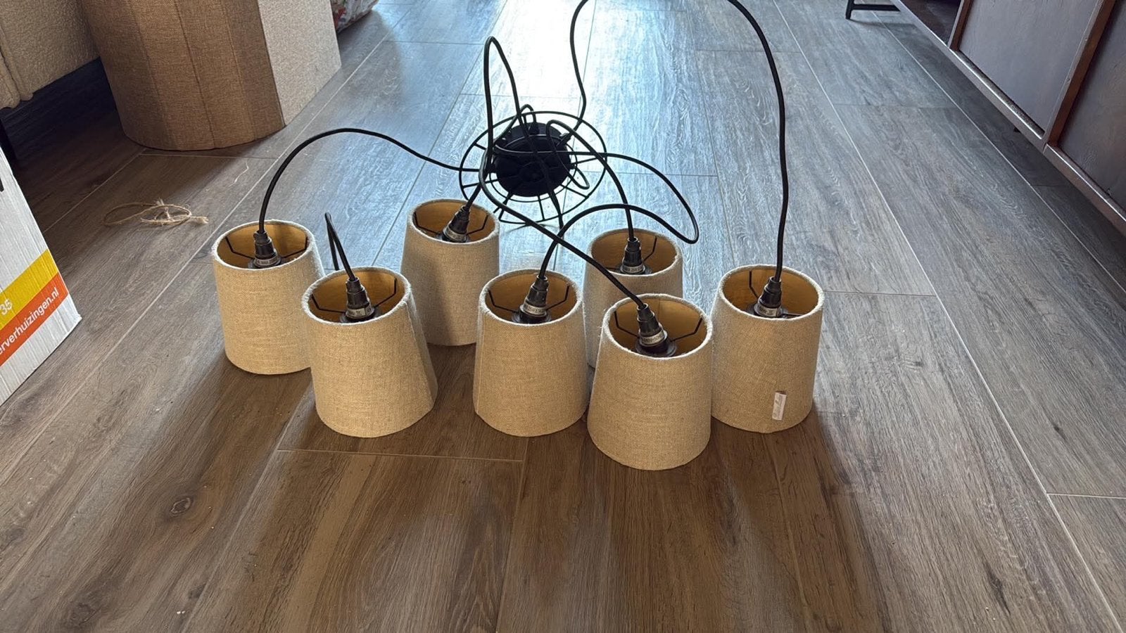Riviera Maison hanglamp met 7 kapjes - Zo goed als nieuw, Ophalen, Zo goed als nieuw, Textiel, E27 (groot)