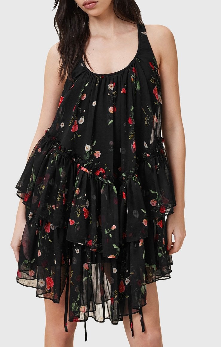 ALL SAINTS Rach jurk Zwart bloemenprint jurk M 38 ruffles, Maat 38/40 (M), Verzenden, Zwart, Nieuw