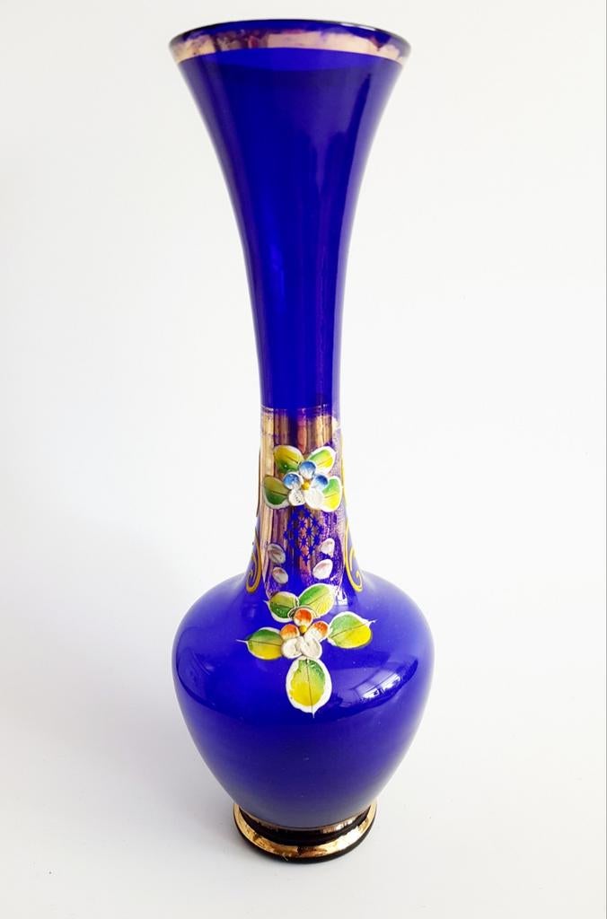 Vintage oud blauw kobalt glas vaas set van 2 bohemian, Antiek en Kunst, Ophalen of Verzenden