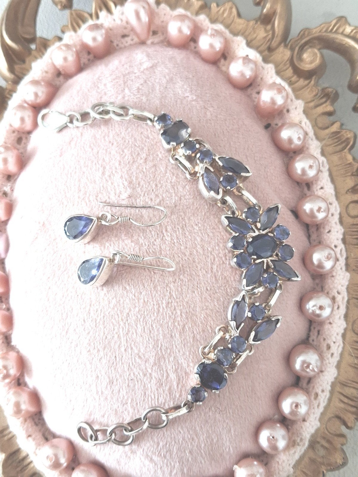Zilveren armband en oorbellen met IolietWatersaffier), Sieraden, Tassen en Uiterlijk, Ophalen of Verzenden, Zilver, Armband