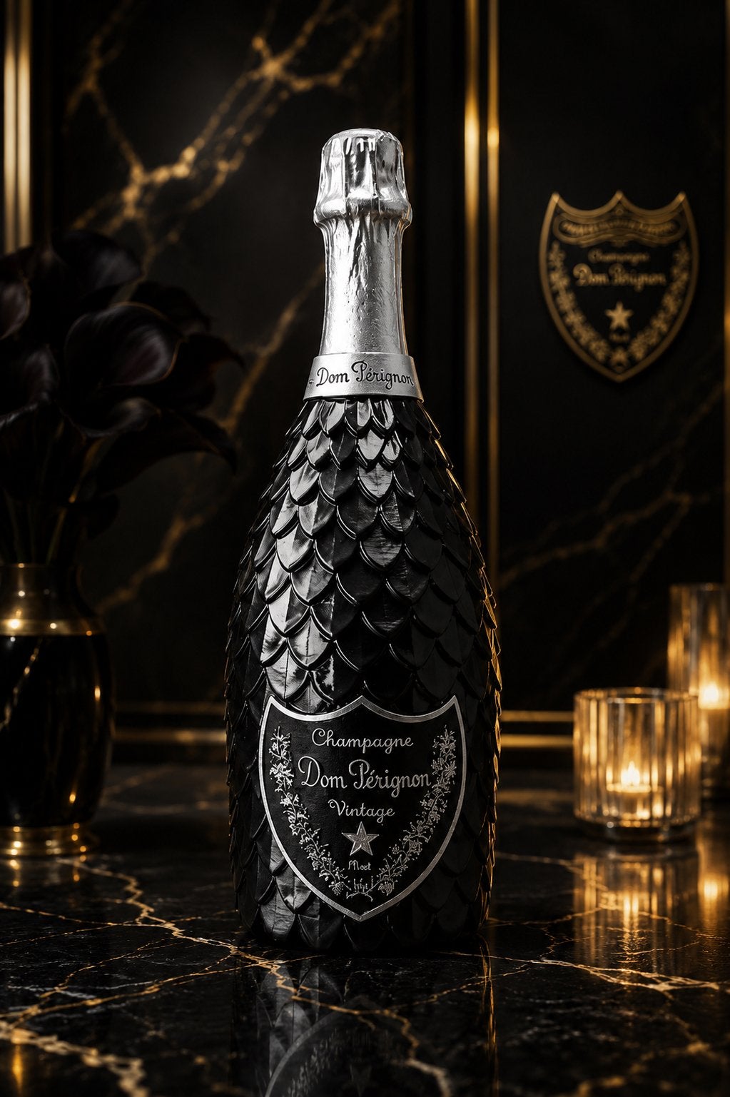 Dom Pérignon Champagne Fles met Draken Schubben Design, Verzamelen, Wijnen, Verzenden, Zo goed als nieuw, Frankrijk, Champagne