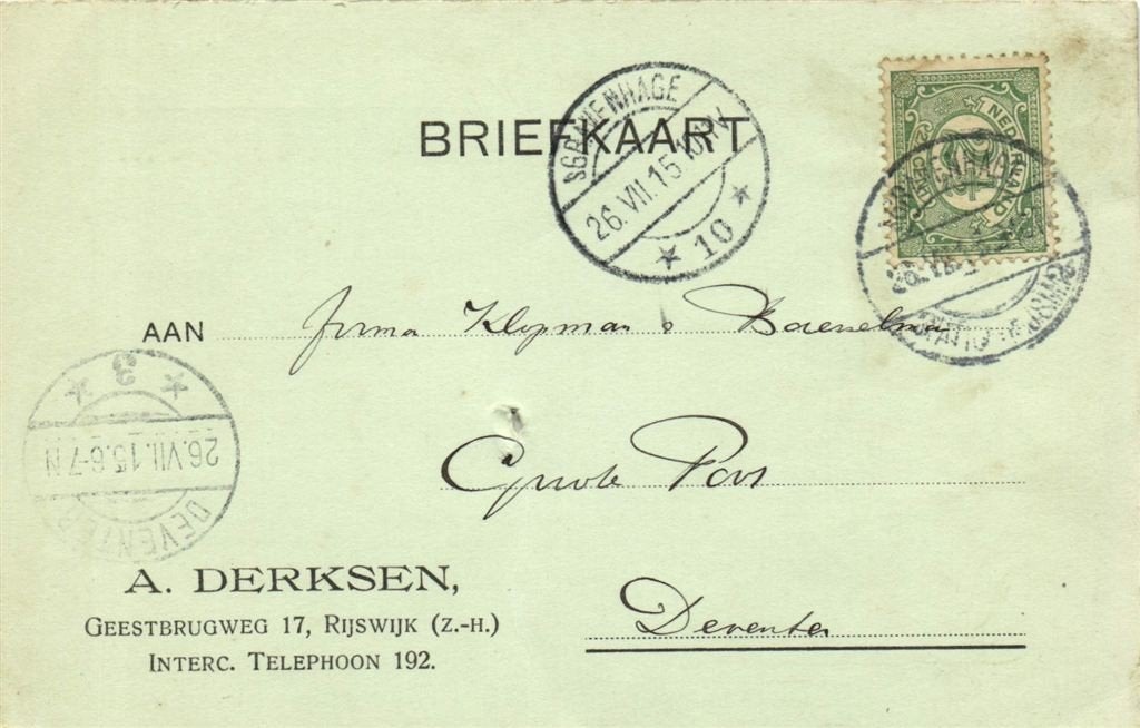 A. Derksen, Rijswijk [Z.-H.] - 07.1915 - briefkaart, Ophalen of Verzenden, Briefkaart