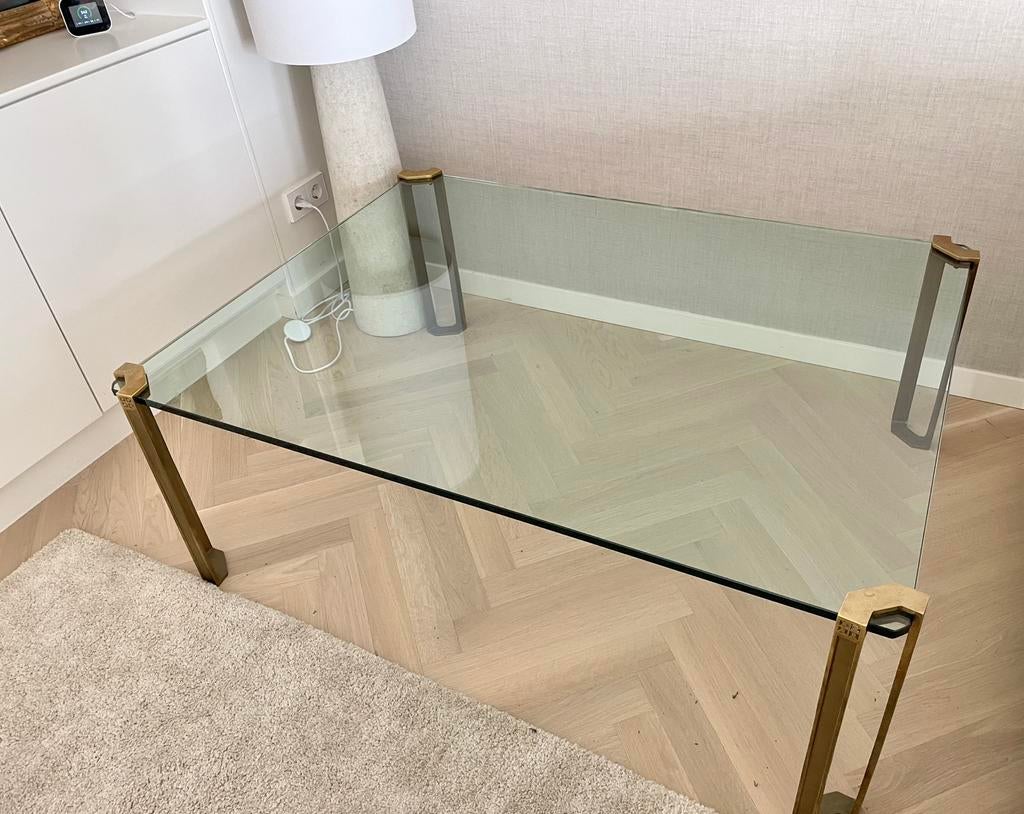 Glazen tafel massief messing poten Peter Ghyzcy T24, Ophalen, Klassiek, messing, jaren 1970, Hollywood Regency, 100 tot 150 cm