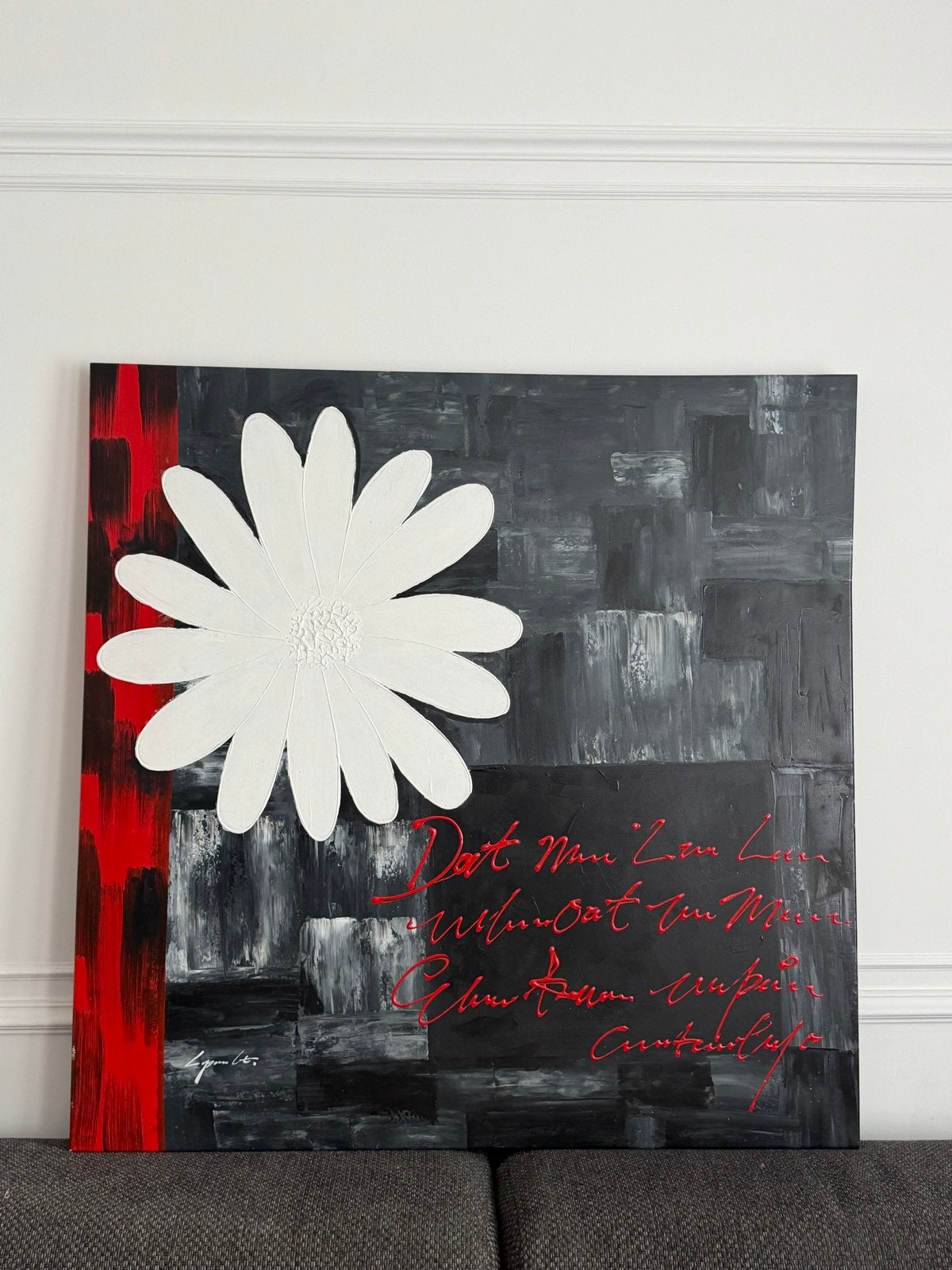 Origineel Olieverf Schilderij - Abstracte Bloem met Tekst, Gesigneerd, Olieverf, Ophalen, Bloemen