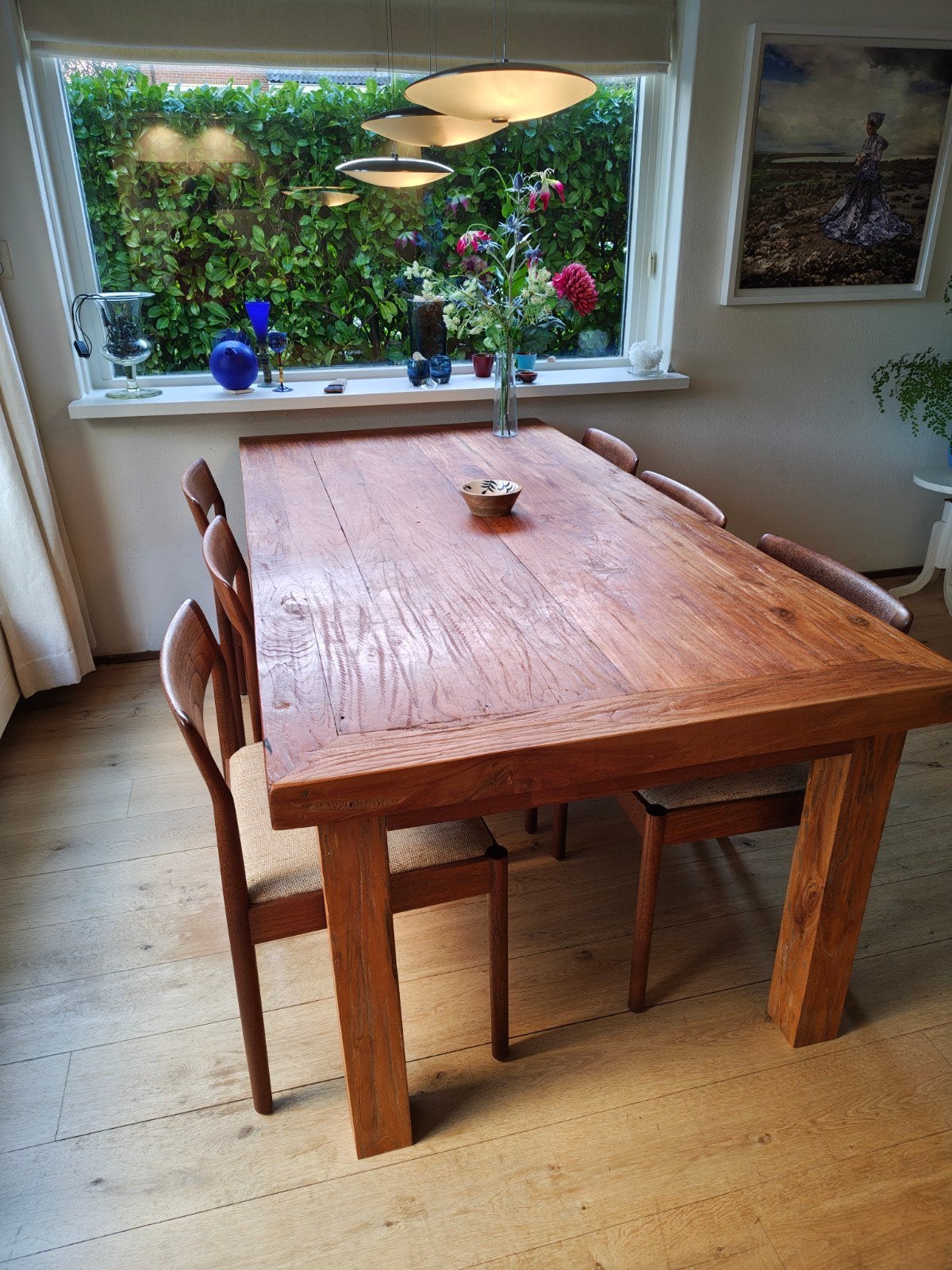 Massief hardhouten eettafel met, Gebruikt, Teakhout, 200 cm of meer, Vijf personen of meer
