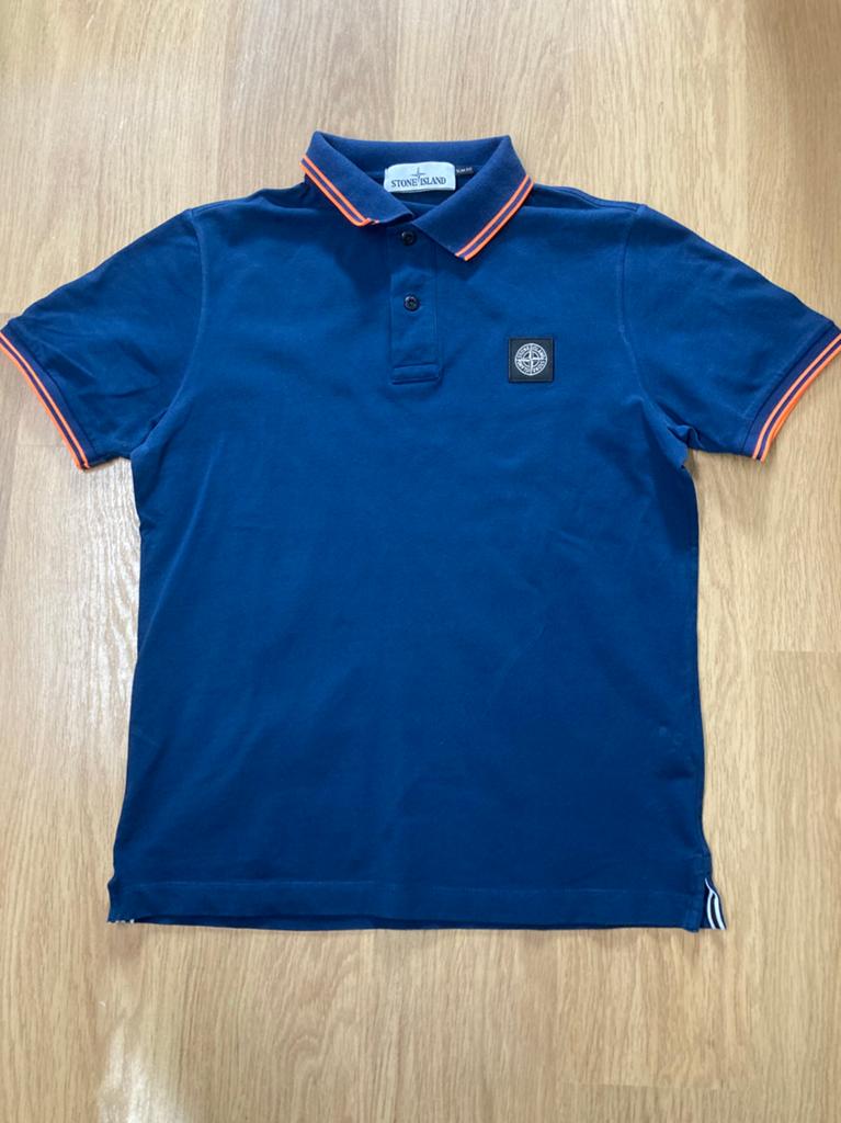 Stone Island Polo - M - Navy - Neonoranje Streep - Logo, Ophalen of Verzenden, Maat 48/50 (M), Blauw, Stone Island