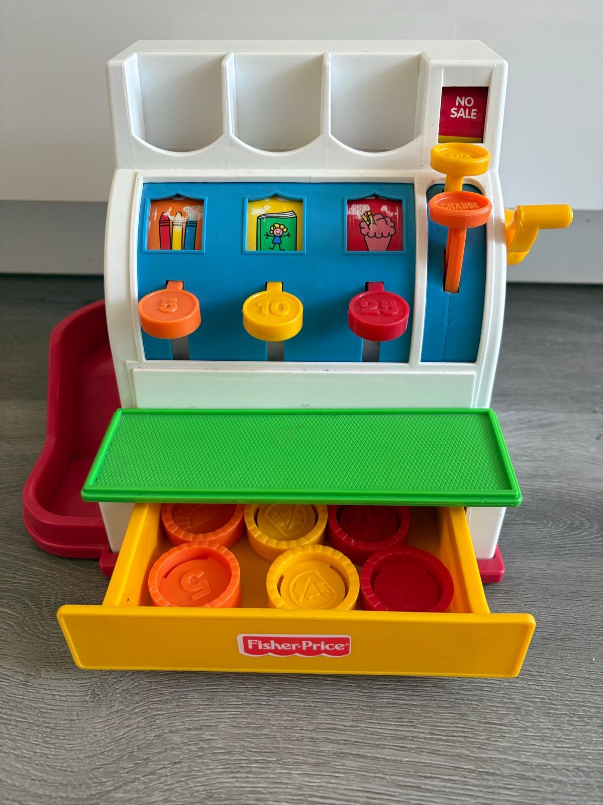 Fisher-Price Kassa Speelgoed, compleet met 6 munten, Ophalen of Verzenden, Gebruikt, Speelset, Met geluid