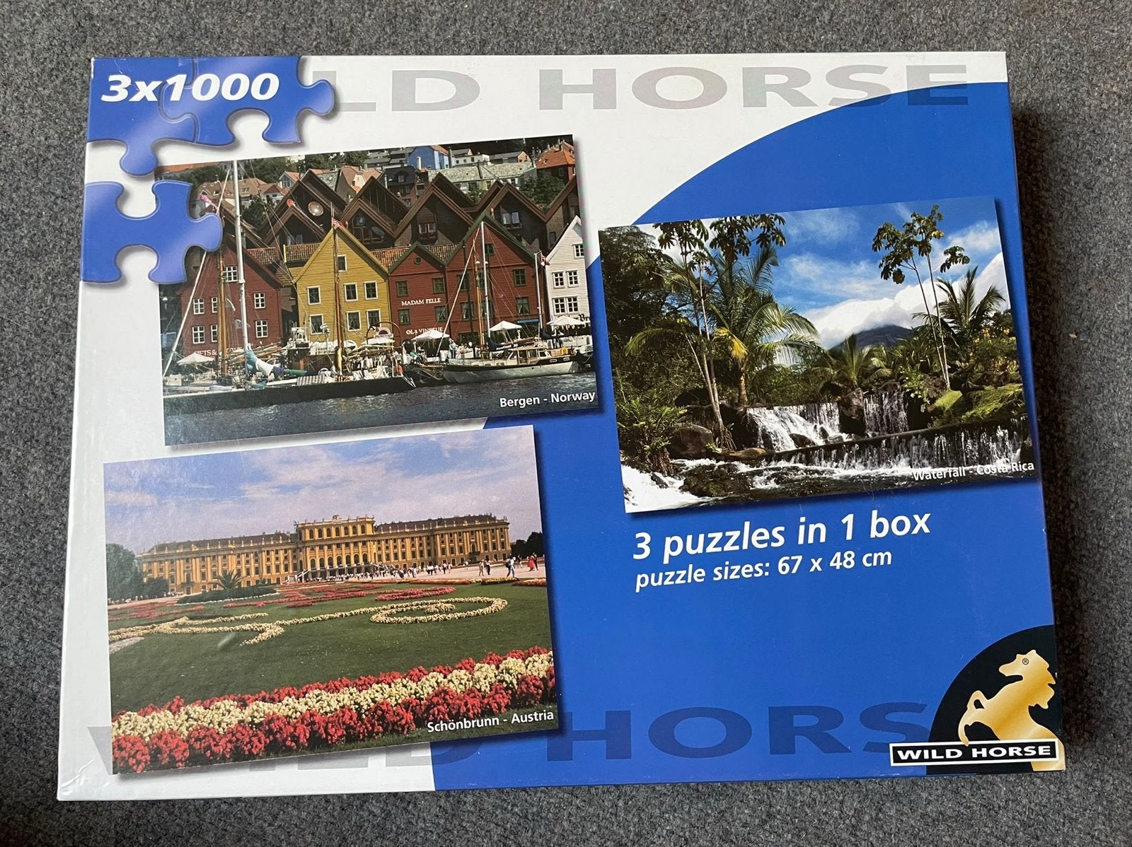 Wild Horse 3-in-1 Legpuzzel: Bergen, Schönbrunn, Waterval, Hobby en Vrije tijd, Ophalen of Verzenden, Meer dan 1500 stukjes, Gebruikt