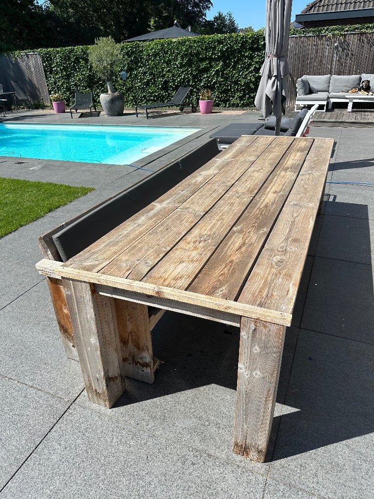 Rustieke tuintafel en tuinbank (van steigerhout), Ophalen, Gebruikt, Rechthoekig, Hout