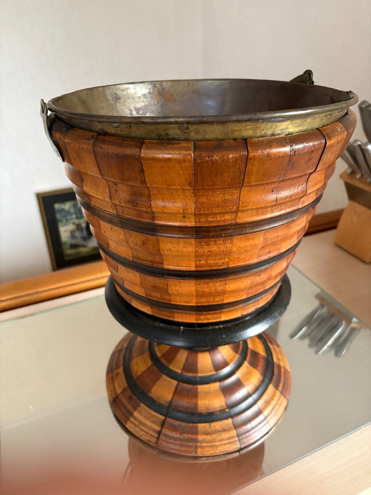 Antieke houten ijsemmer met messing binnenkant, Ophalen