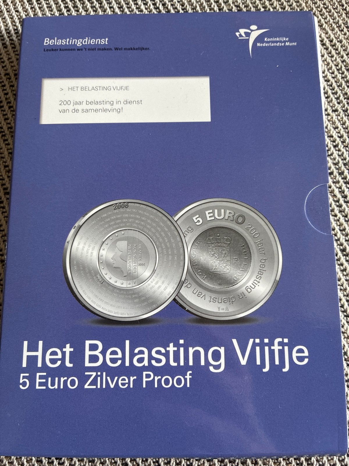 Het Belasting Vijfje 5 Euro Zilver Proof 2008, Koningin Beatrix, Zilver, Euro's, Ophalen of Verzenden