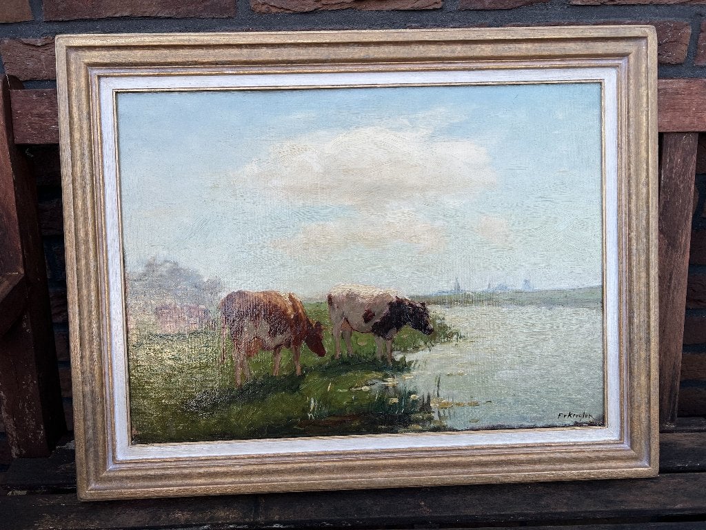Fedor van Kregten, koeien langs het water, Ophalen of Verzenden