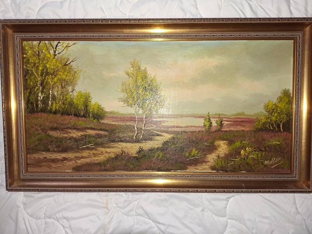 Mooi oud landschapschilderij met berken en heide, Ophalen