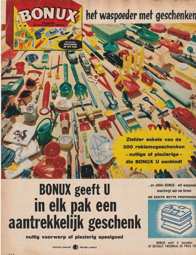 Retro reclame 1961 Bonux wasmiddel met speelgoed cadeau, Verzamelen, Verzenden, Overige typen