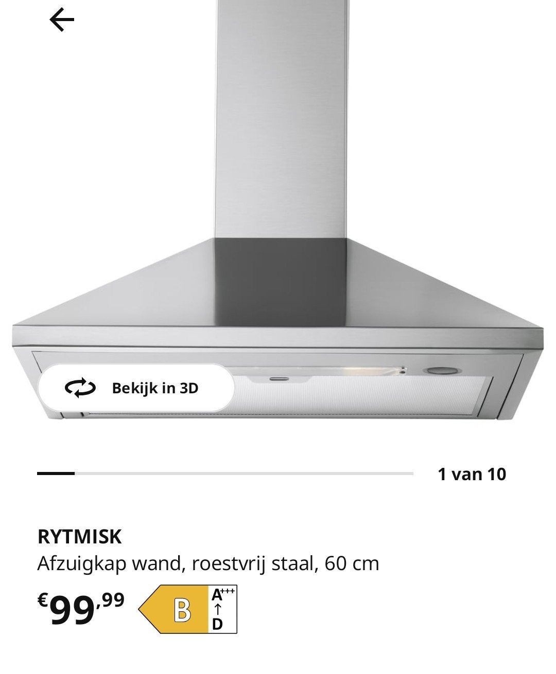 Ikea RYTMISK Afzuigkap wand, roestvrij staal, 60 cm, Ophalen, 200 tot 400 m³ per uur