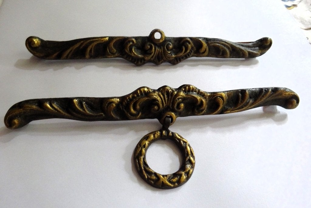 Krullerige set vintage messing Schellekoord/ophangbeugels, Verzenden