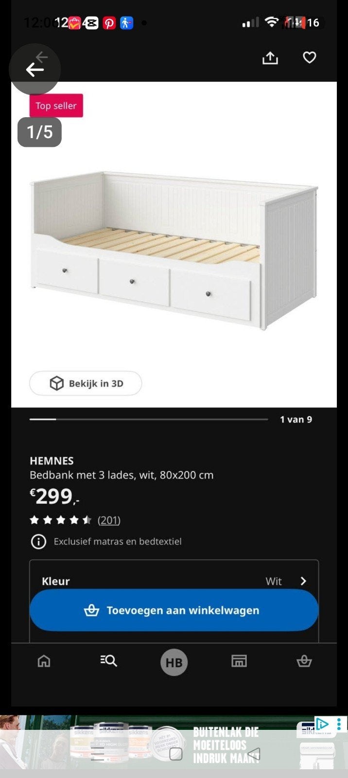 IKEA HEMNES Bedbank met 3 lades, wit, 80x200 cm, Ophalen, Gebruikt, Eenpersoons, Wit
