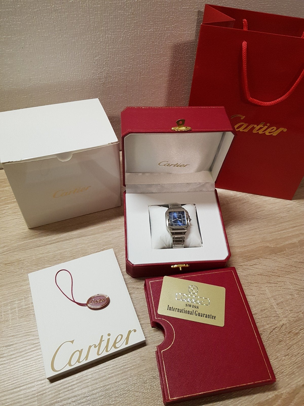 CARTIER SANTOS BLAUW 36MM HORLOGE, Ophalen, Nieuw, Blauw, Overige merken