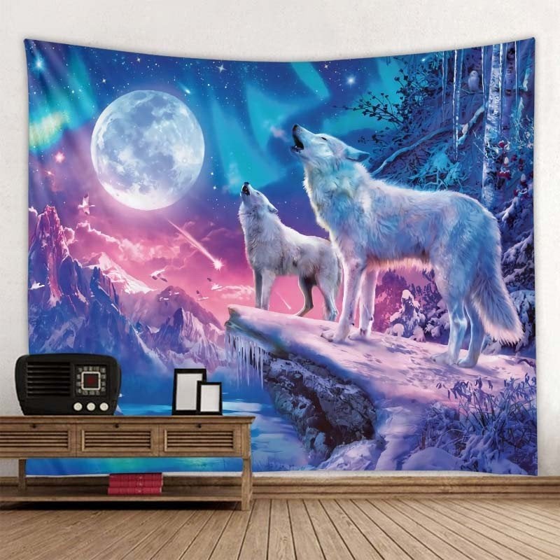 Wandtapijt met huilende wolven en volle maan 90=75cm, Rechthoekig Staand, Verzenden, Deurposter of groter, Nieuw