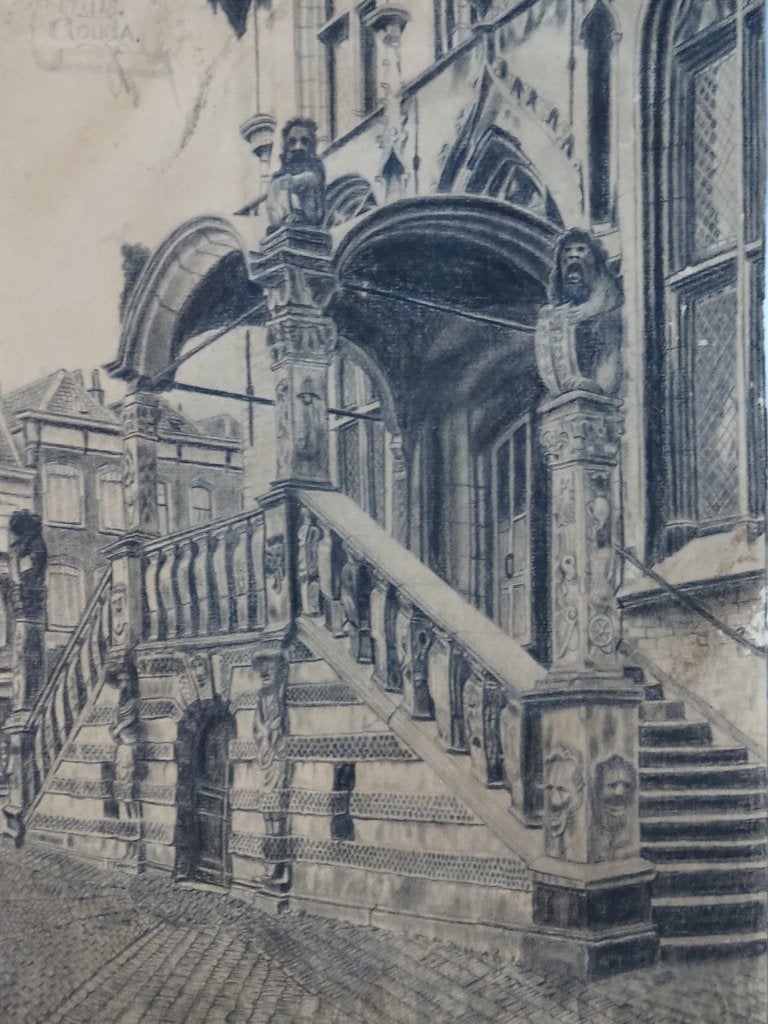 potlood tekening trappen stadhuis Gouda maker tijd onbekend, Antiek en Kunst, Verzenden, Tekening, Overige technieken, Origineel