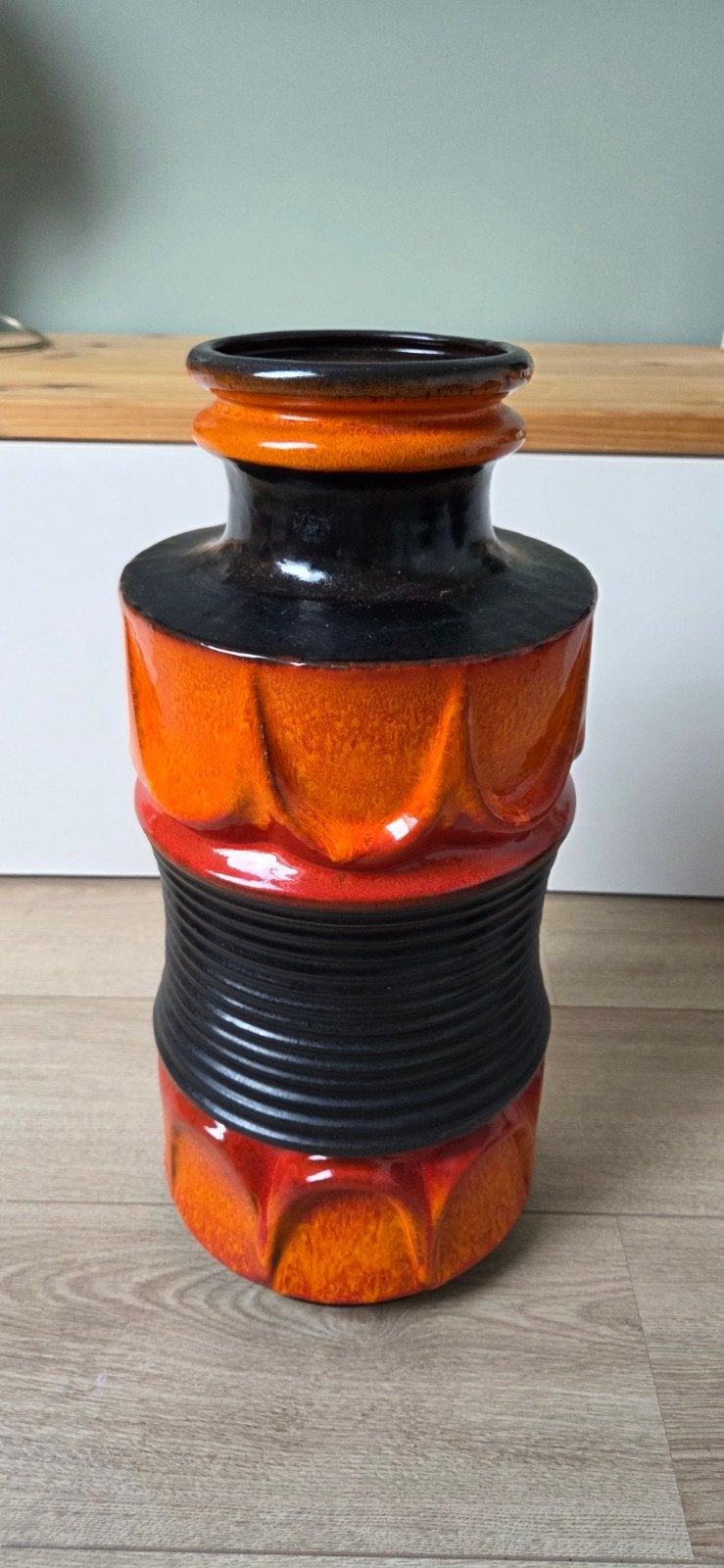 Vintage West-Duitse Fat Lava vaas, oranje/zwart, 50 cm, Ophalen