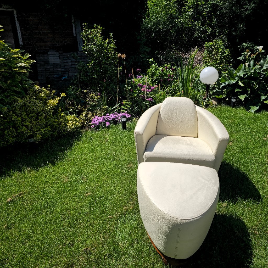 Witleren fauteuil met hocker, Ophalen, Gebruikt, Modern, 50 tot 75 cm