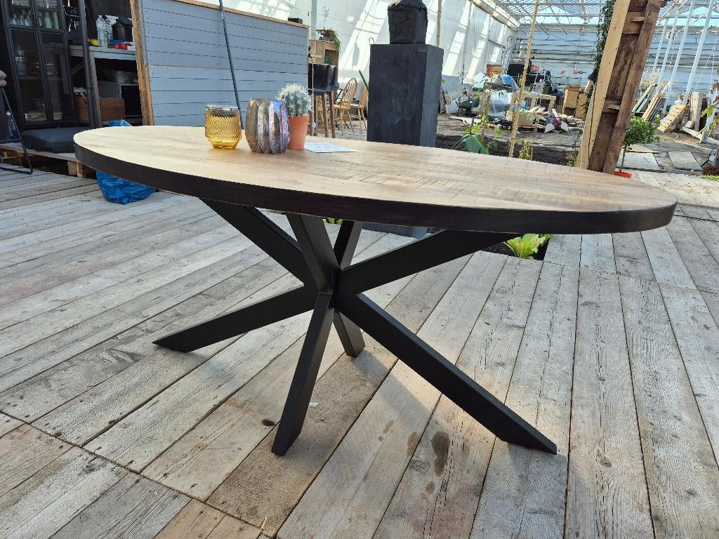 Tafel 160 cm mango met ijzeren poot – €249, Huis en Inrichting, Tafels | Eettafels, Nieuw, 150 tot 200 cm, Industrierl, Vier personen