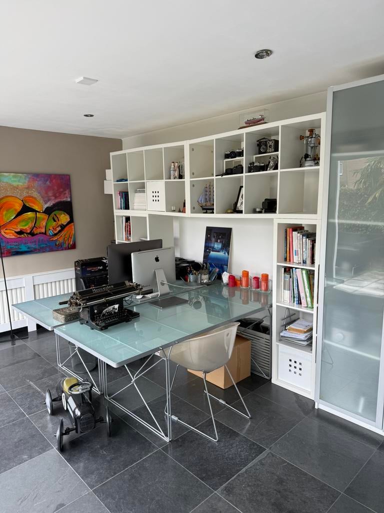 Glazen kantoortafel/ eettafel ( 2 stuks beschikbaar), Huis en Inrichting, Tafels | Eettafels, Ophalen, Gebruikt, Rechthoekig, 50 tot 100 cm