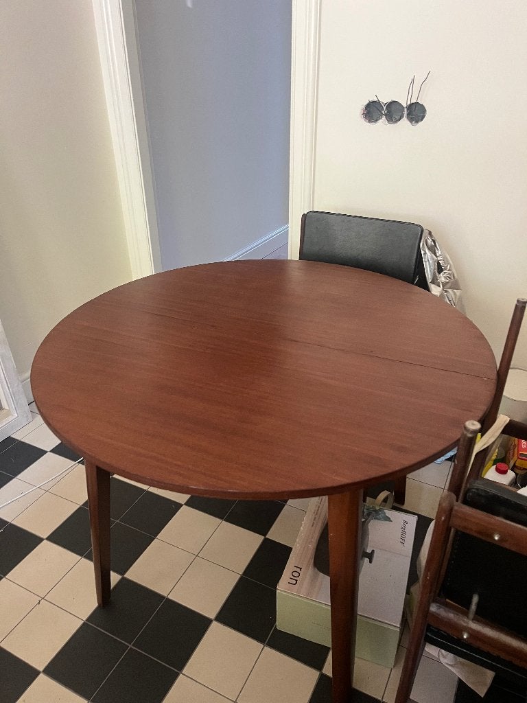 Vintage ronde eettafel uitschuifbaar, Gebruikt, Rond, Ophalen of Verzenden, Scandinavisch vintage