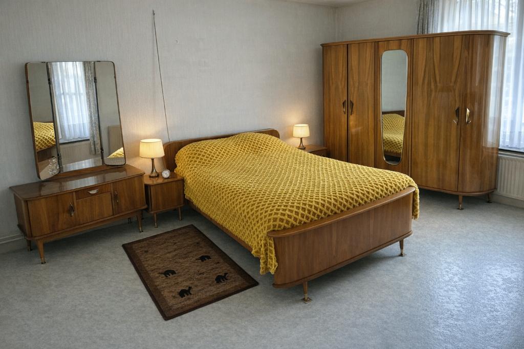 Vintage Mid Century Slaapkamer Set met 160cm bed, Huis en Inrichting, Slaapkamer | Complete slaapkamers, Gebruikt, Tweepersoons