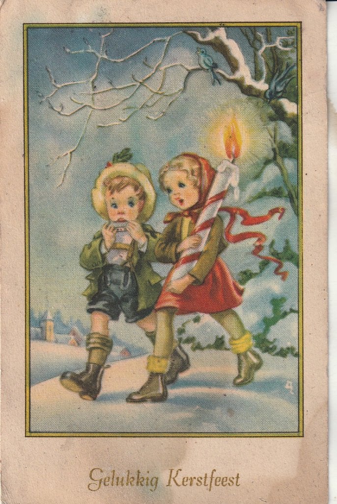 Vintage Kerstkaart 1948 - Kinderen in de Sneeuw, Ophalen of Verzenden, 1940 tot 1960, Gelopen, Feest(dag)