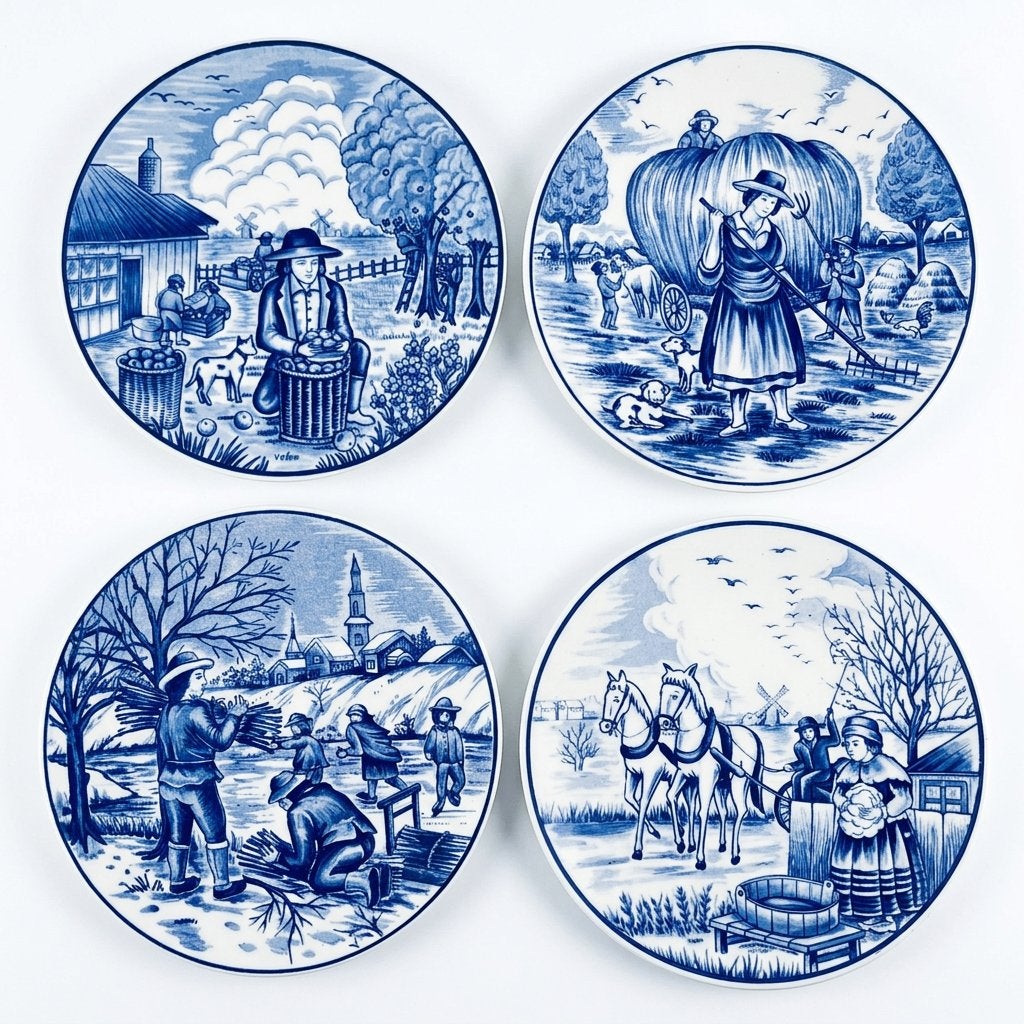 Delfts Blauw Complete Set Borden "De Vier Jaargetijden", Ophalen