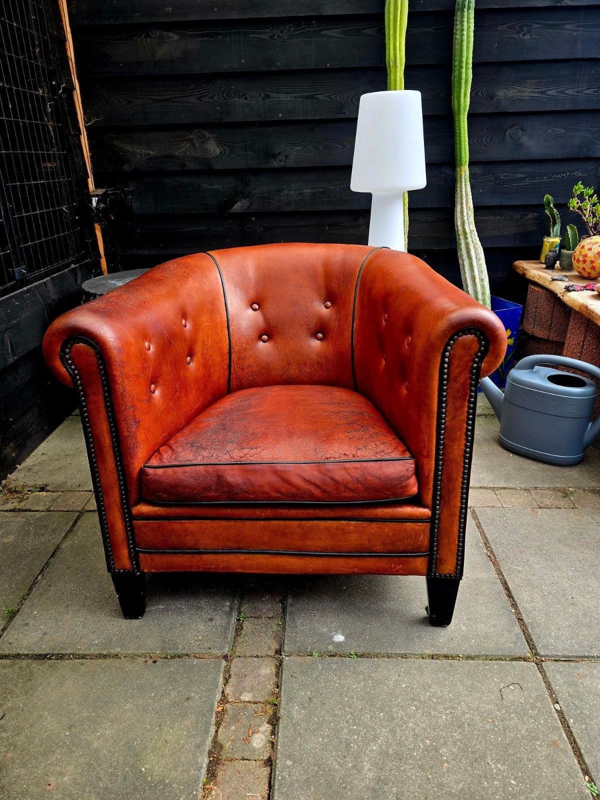schapenleer OCL art deco kwaliteits club met gebruiksporen, Huis en Inrichting, Ophalen, Gebruikt, Leer, Mancave, retro,veranda, vintage, klassiek