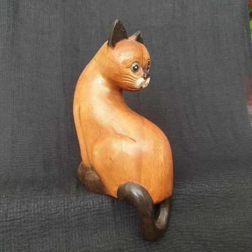 Vintage houten kat decoratie beeldje, Verzamelen, Beelden en Beeldjes, Ophalen of Verzenden, Gebruikt, Dier