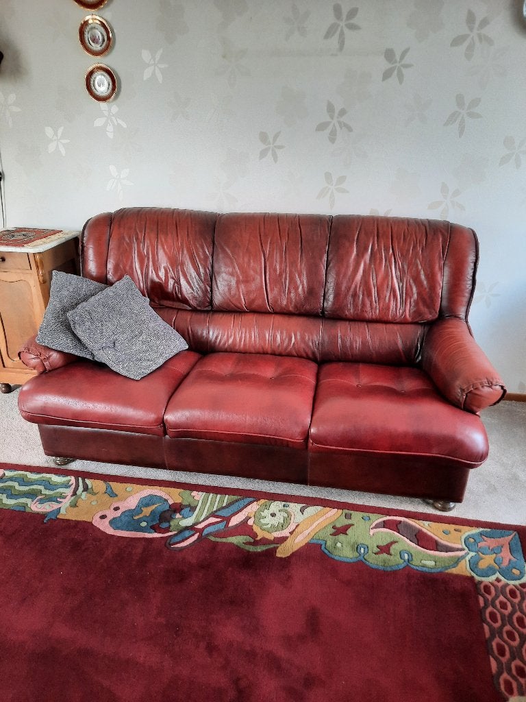Bank 3 zits en 2 stoelen rood leer, Ophalen, Gebruikt, Klassiek, 150 tot 200 cm