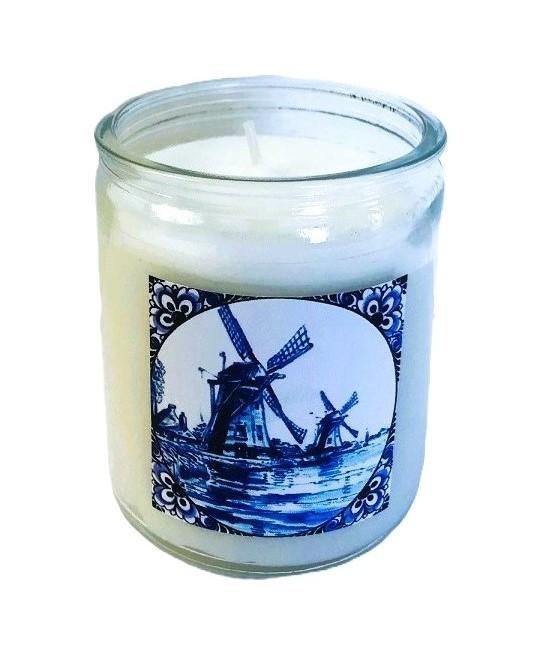 Kaars in glas met delfts blauw molen - Incl. cadeau zakje, Overige materialen, Verzenden, Wit, Nieuw