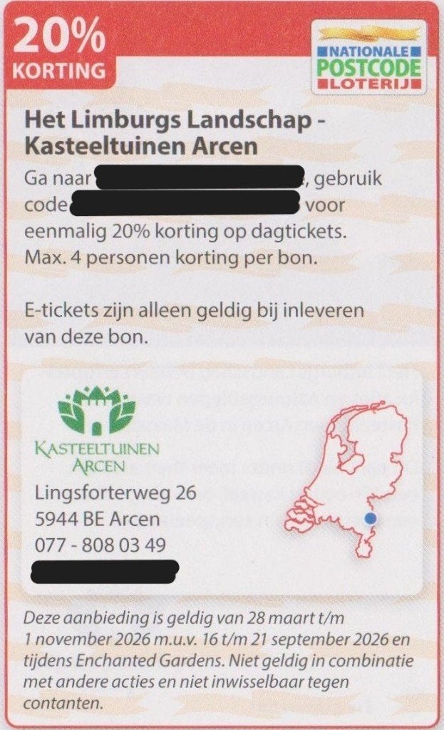 Kasteeltuinen Arcen. 20% korting Postcodeloterij voordeelbon, Tickets en Kaartjes, Musea, Drie personen of meer, Kortingskaart
