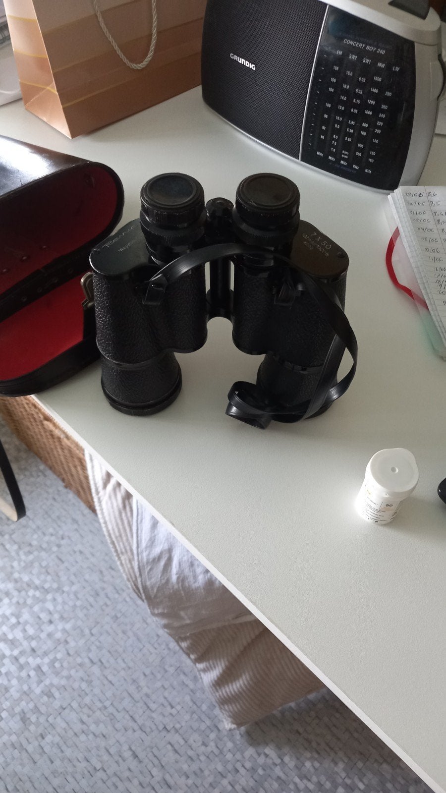 Vintage Verrekijker 7x50 met Lederen Hoes, Gebruikt, Minder dan 8x, Met hoes of tas, Porro (met knik)