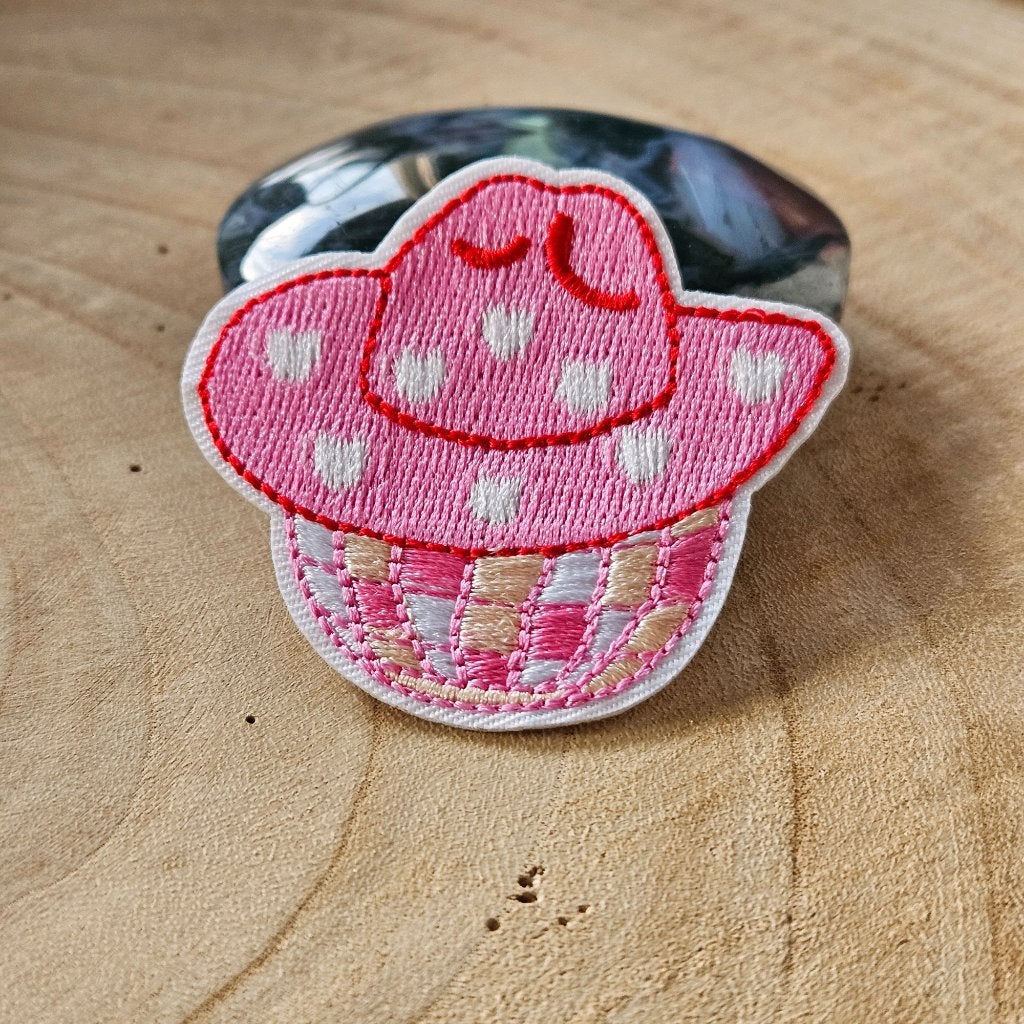 Strijk embleem applicatie Patch Roze discobal met cowboy hoe