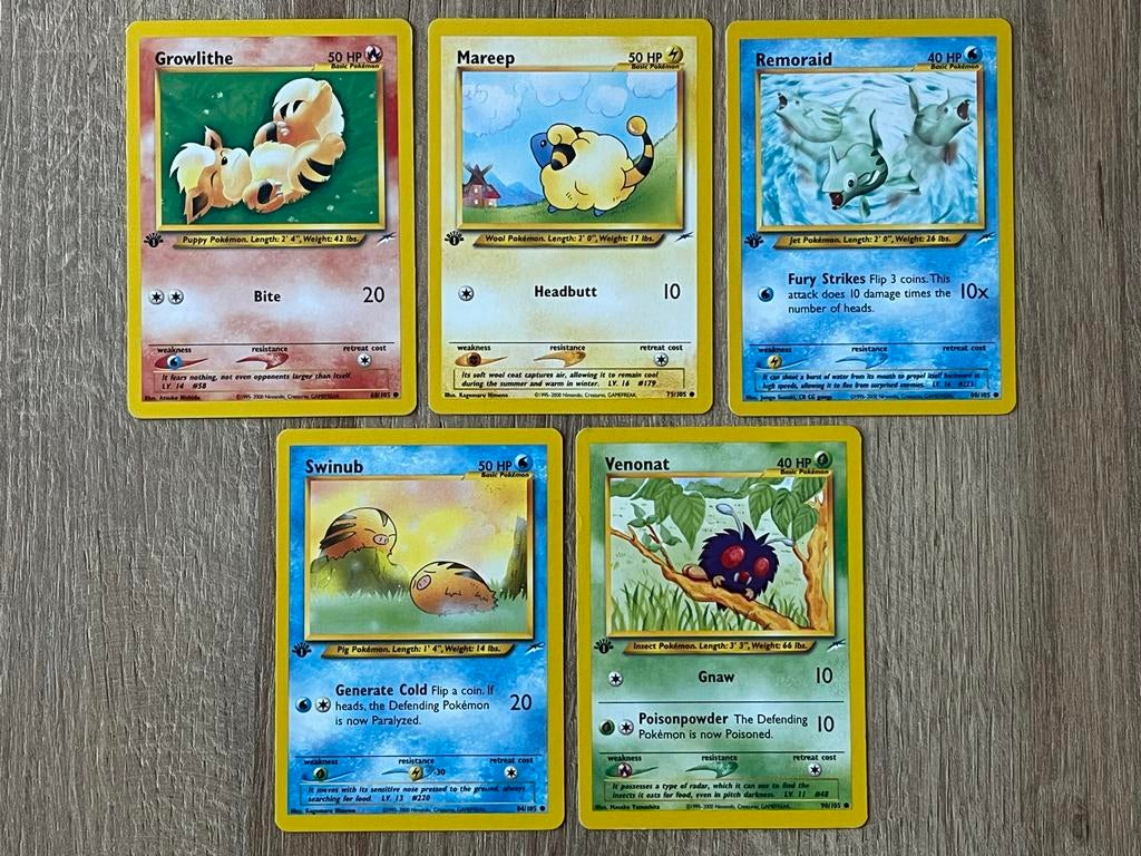 5 Pokémon kaarten: Growlithe, Mareep, Remoraid, Swinub, Veno, Ophalen, Gebruikt, Meerdere kaarten