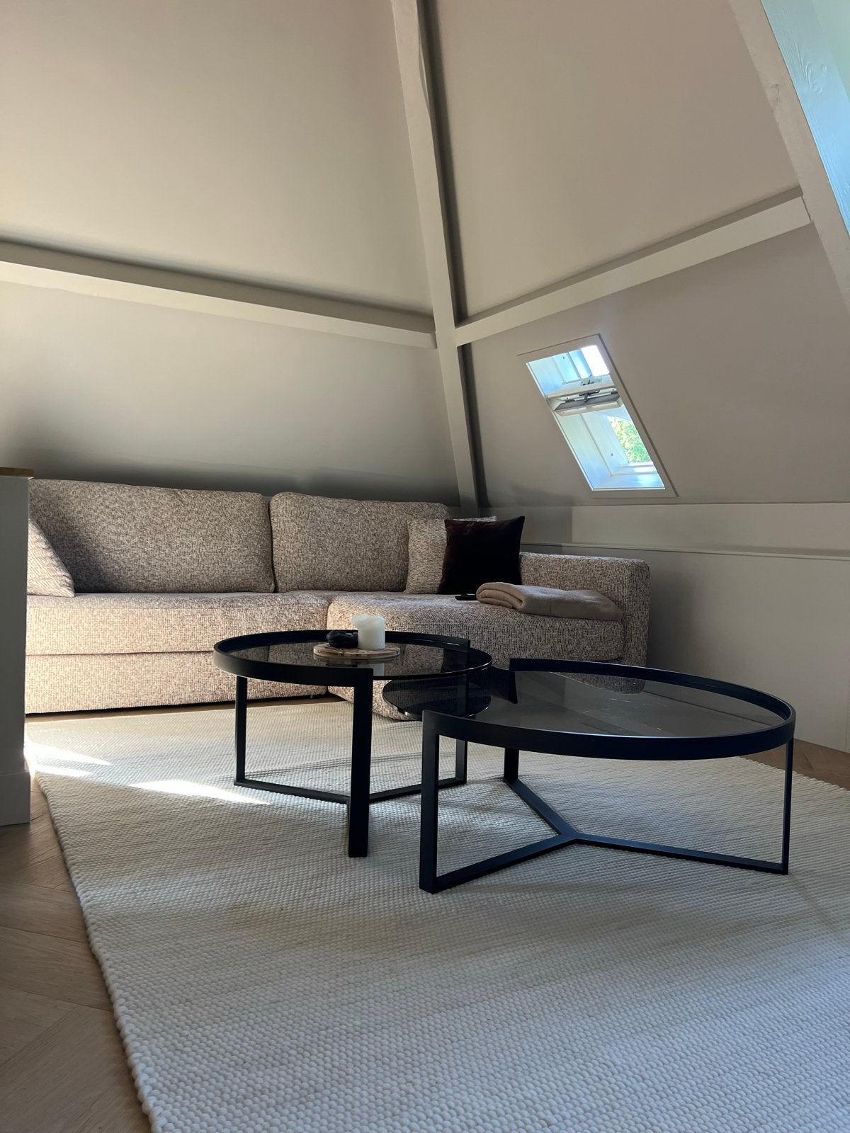 Salontafel set, zwart metaal met glazen blad, Huis en Inrichting, Rond, 50 tot 100 cm, Ophalen of Verzenden, Glas